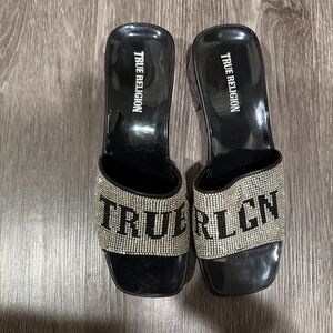 True Religion Black and Gold Women's Mules
